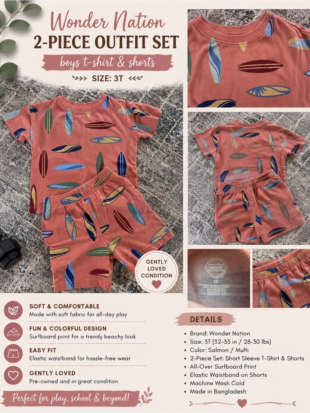 Wonder Nation Salmon Surfboard Print Boys 2-Piece T-Shirt & Shorts Set
